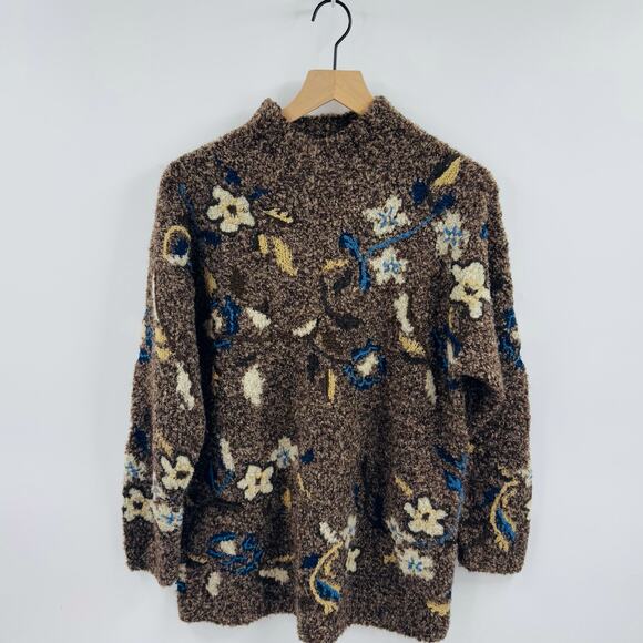 Thyme Floral Textured Boucle Knit Pullover Sweater Wool Blend Brown Size M - Picture 7 of 7